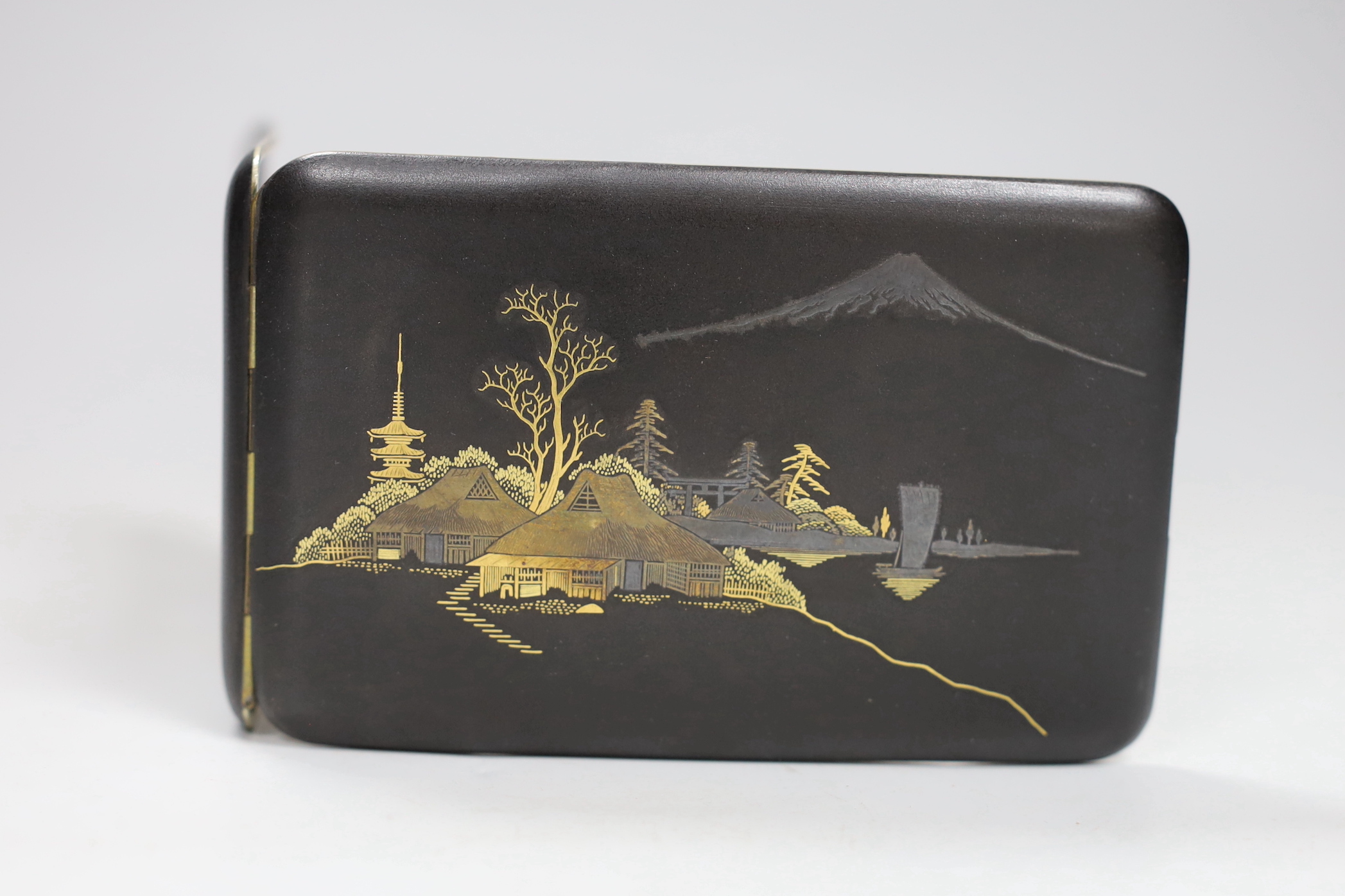 A Japanese gold damascened iron cigarette case, probably by Takeda Brothers